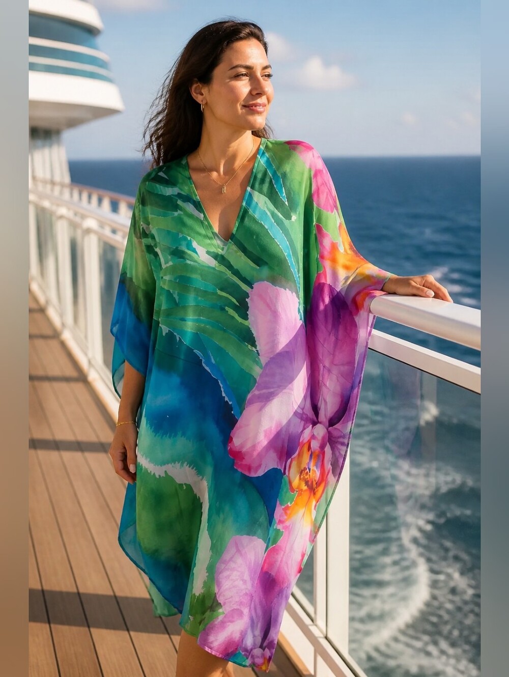 Soft Surroundings PL PXL Hibiscus Floral Caftan Watercolor Cruise Resort Dress